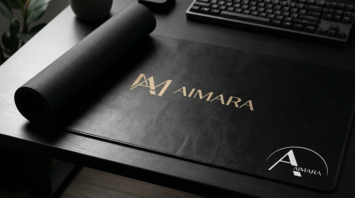 AIMARA premium black leather desk mat and matching rolled mat set on a dark office desk.