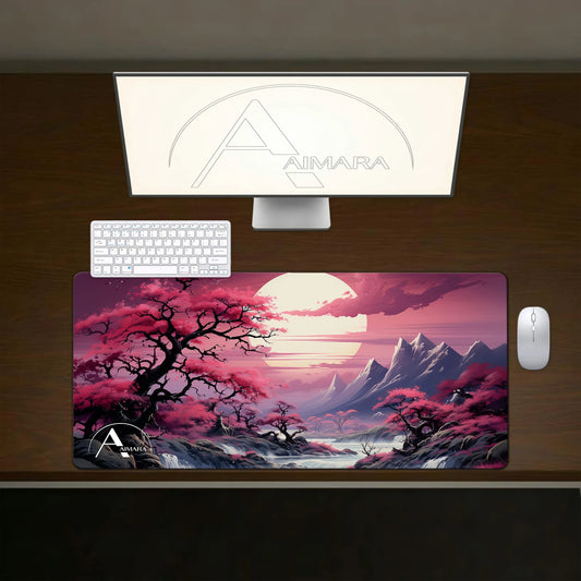 Top-down view of the AIMARA crimson cherry blossom mousepad in a clean white desk setup with a mechanical keyboard.