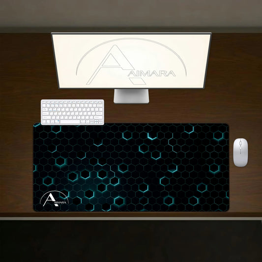 Top-down flat lay view of the AIMARA cyan neon grid desk mat on a light wooden desk, featuring a white keyboard, mouse, and black controller.