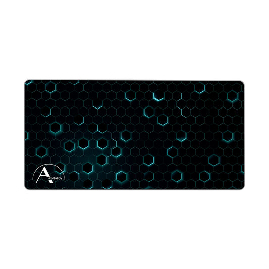 Direct full view of the unrolled AIMARA exclusive desk mat, highlighting the vibrant glowing cyan hexagonal mesh pattern against a black background.