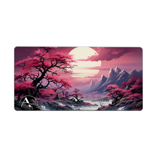 Full view of the AIMARA exclusive desk mat featuring a stunning pink sakura moon and mountain landscape design.