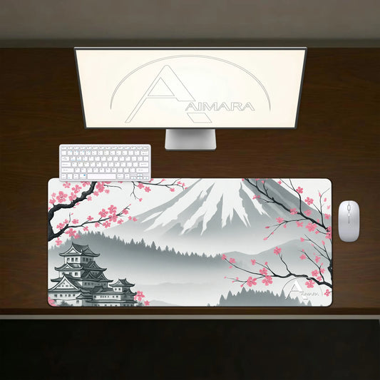 Top-down view of AIMARA Mt. Fuji and sakura desk mat on a wooden desk with a white keyboard and mouse.
