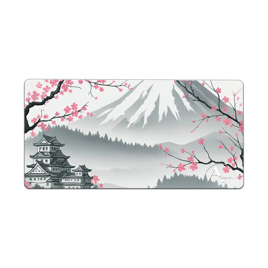 Full view of the AIMARA desk mat featuring a traditional ink wash Mt. Fuji, Japanese castle, and pink sakura.