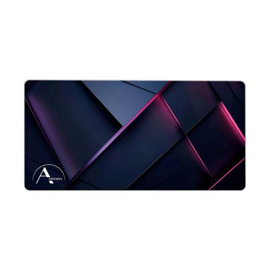 Full view of the AIMARA extended mousepad featuring an abstract 3D geometric pattern with purple and pink glowing lines.