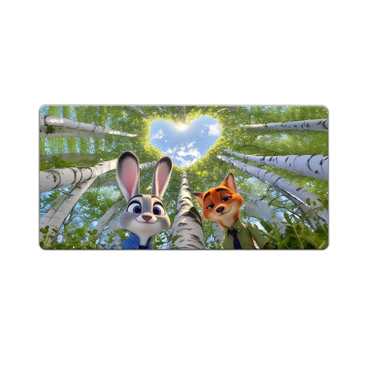anime forest desk mat with bunny and fox characters under birch trees heart shaped sky nature gaming mouse pad design